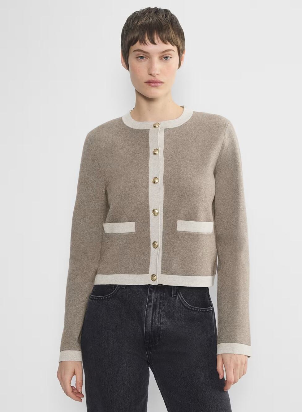 Aritzia Babaton Approach Cardigan Taupe Ivory Trim Gold Crest Buttons XS